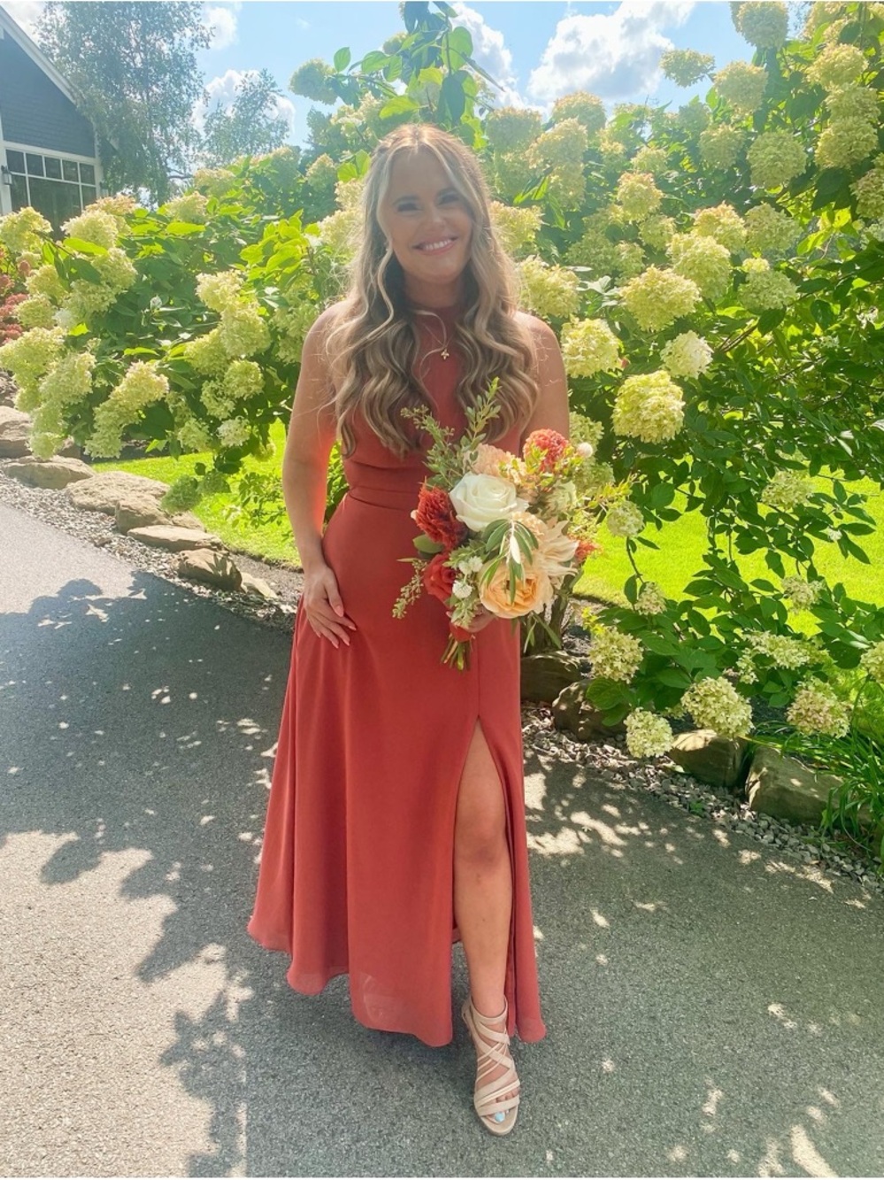 Sleeveless Rust Red Maxi Dress with Side Slit, Wedding guest, Size 4